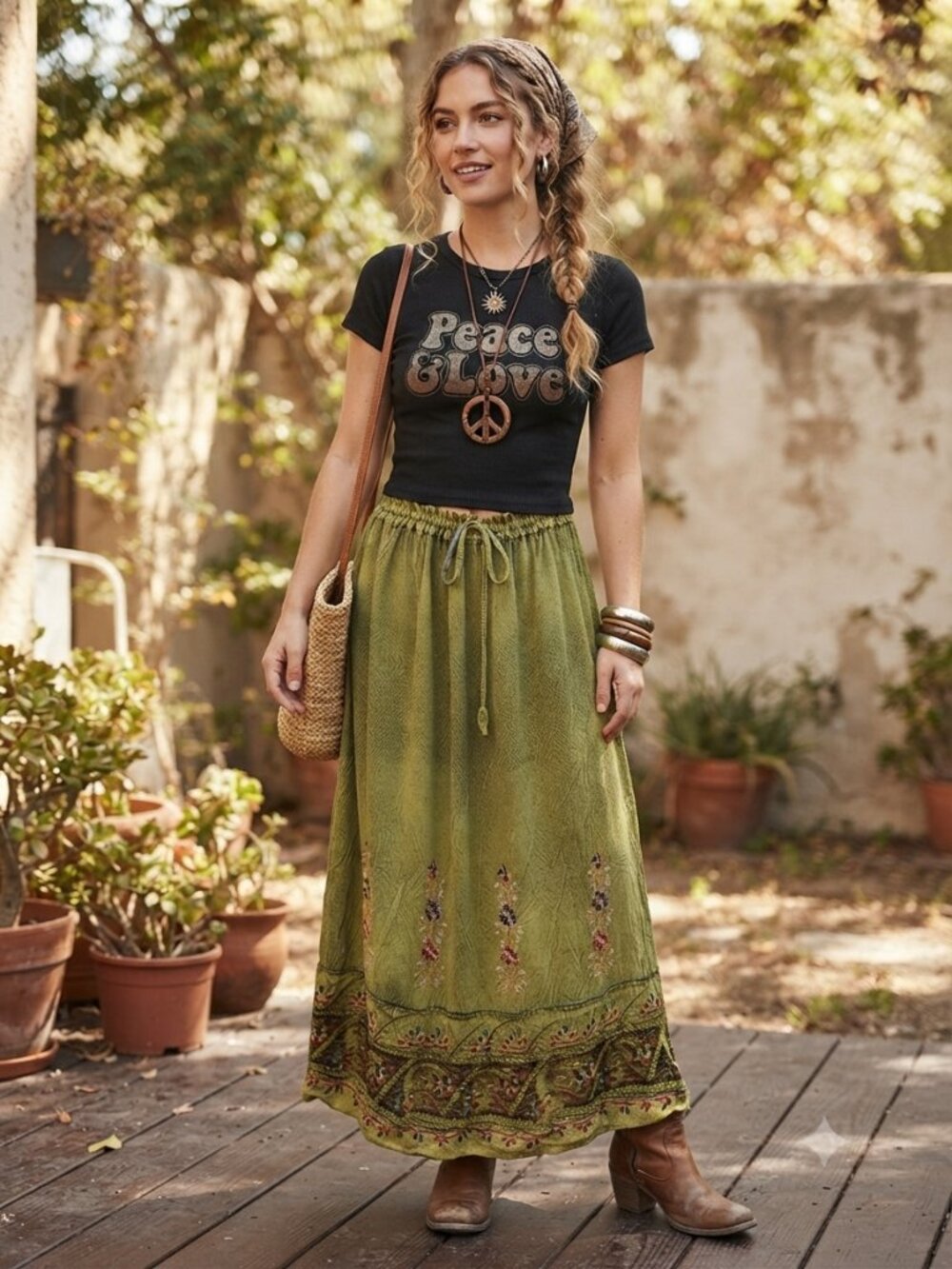 Vintage 90s Shore Line Rayon Embroidered Boho Maxi Skirt One Size Moss Green